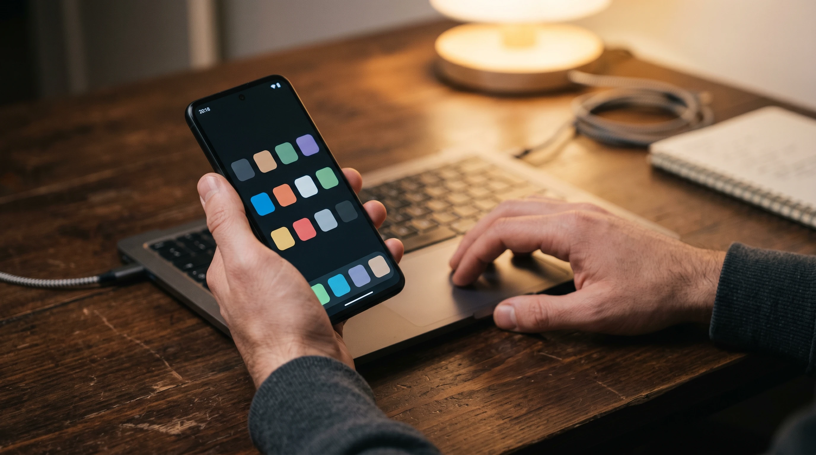 Mężczyzna trzyma smartfon z systemem Android obok laptopa na biurku