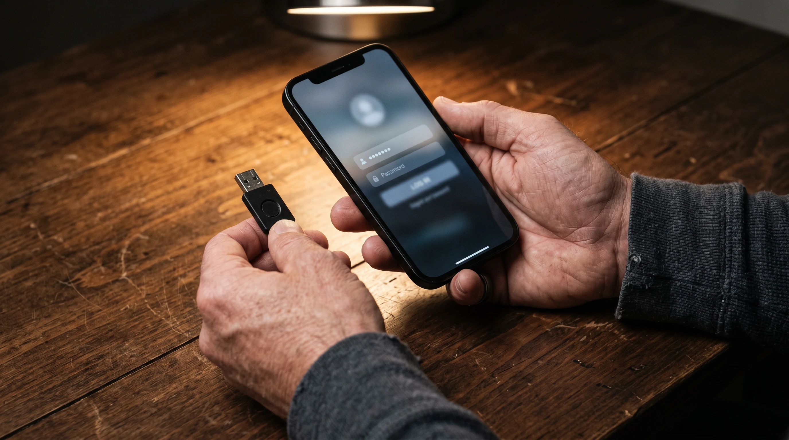 Mężczyzna trzyma w jednej ręce smartfon, w drugiej mały sprzętowy klucz bezpieczeństwa USB