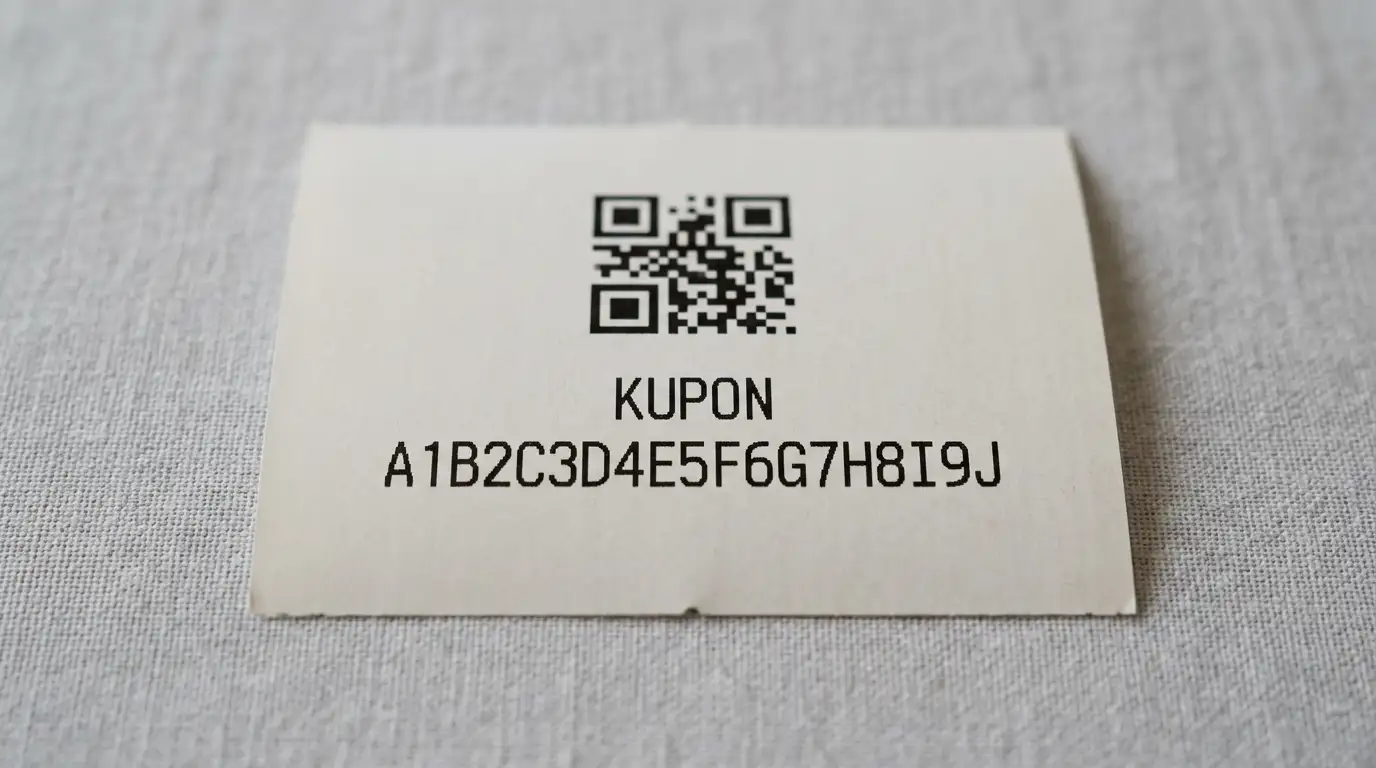 Kupon papierowy z kodem QR i numerem alfanumerycznym leżący na drewnianym stole