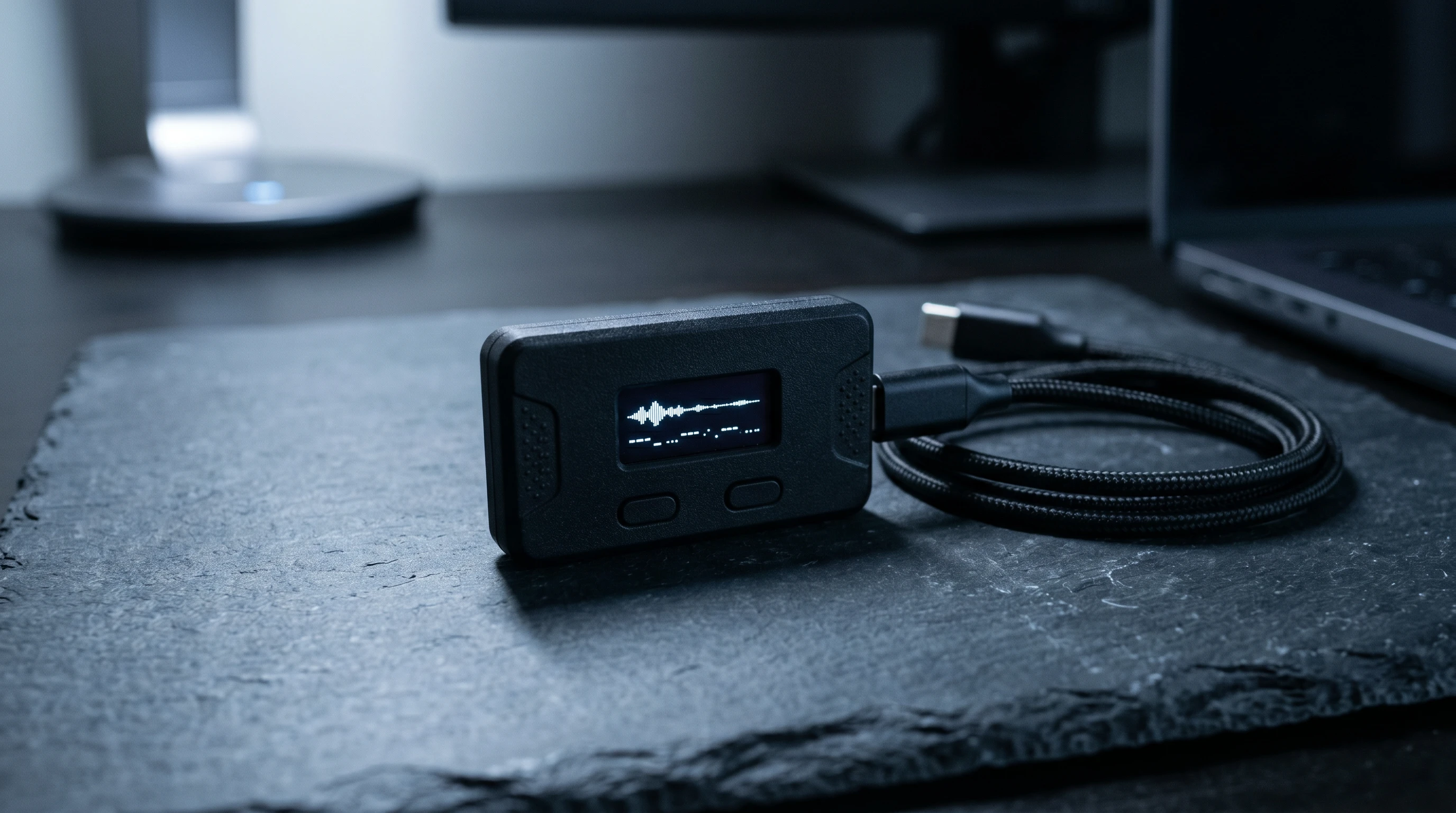 Czarny portfel sprzętowy do kryptowalut z ekranem OLED na ciemnym blacie