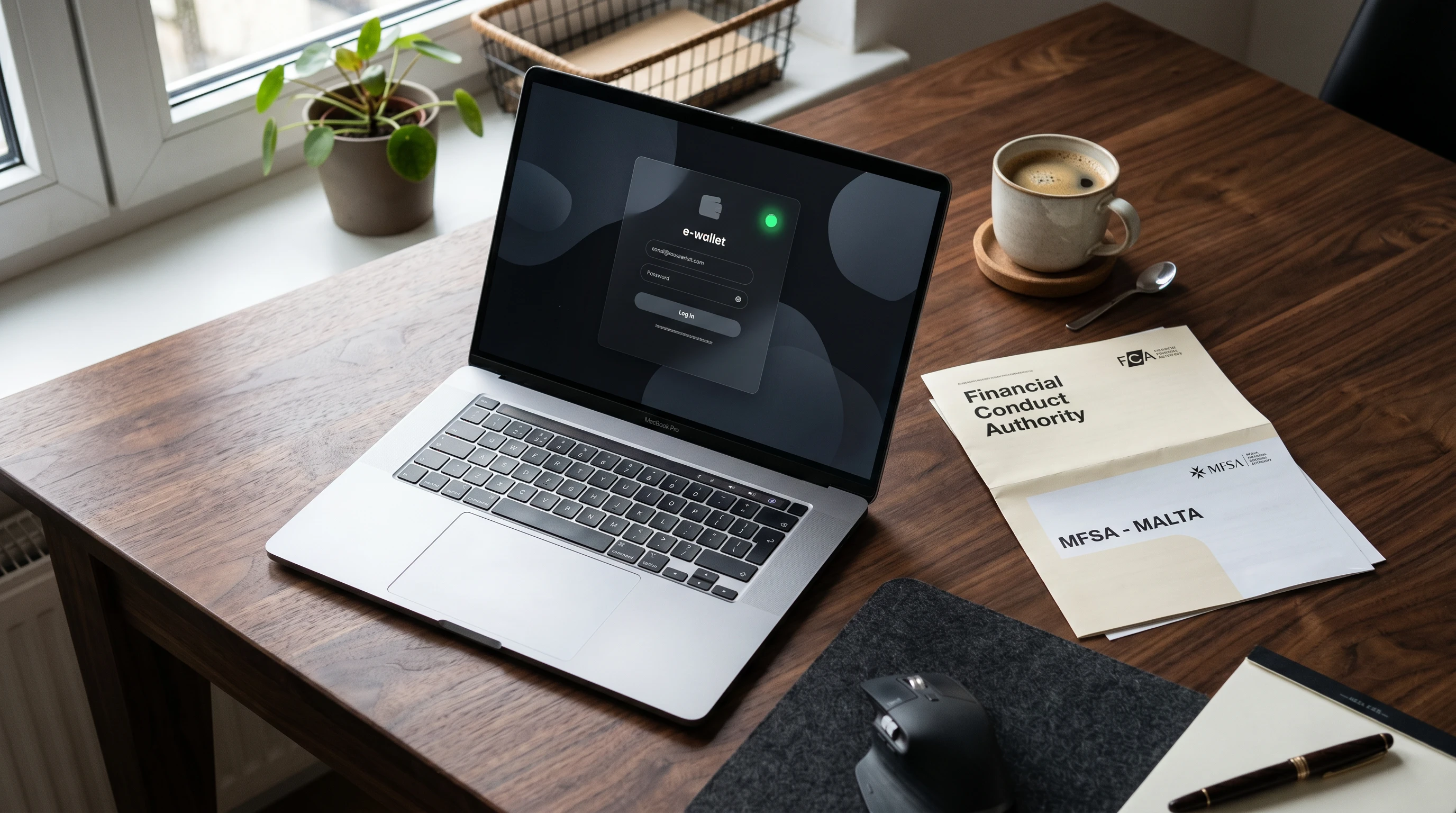Portfel elektroniczny MiFinity z licencją FCA i autoryzacją MFSA — ekran logowania na laptopie