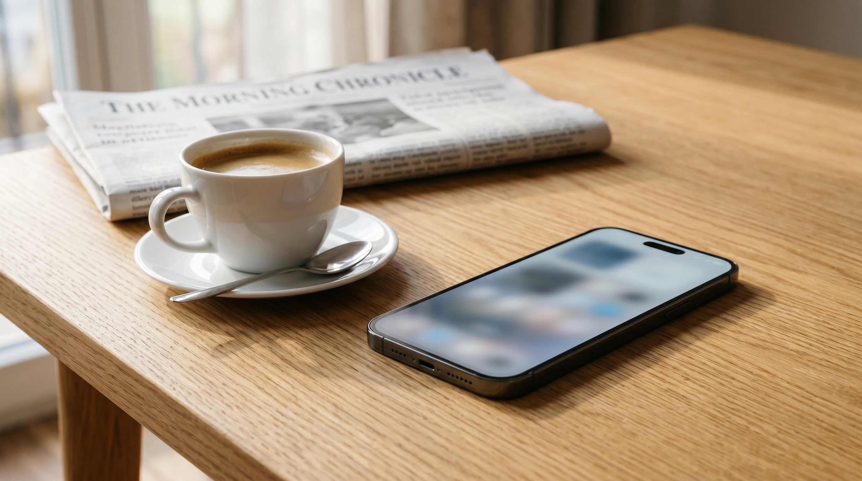 Smartfon na drewnianym blacie obok porcelanowej filiżanki kawy
