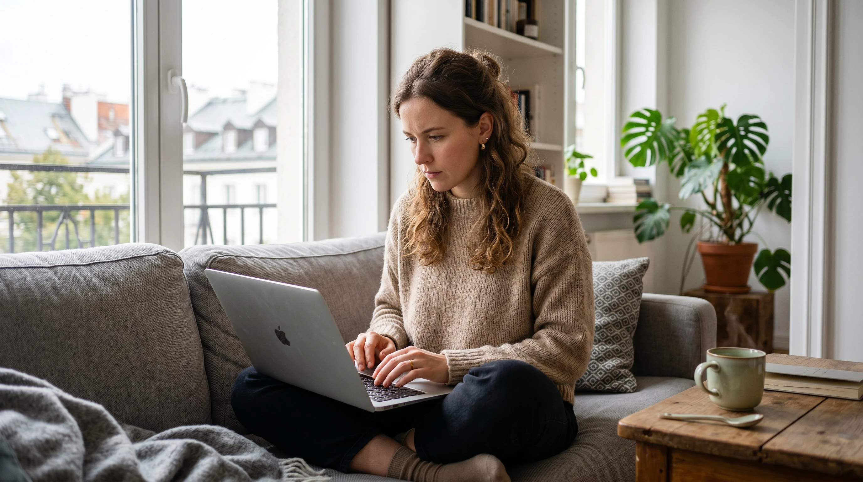 Kobieta wypełnia formularz online na laptopie w jasnym mieszkaniu