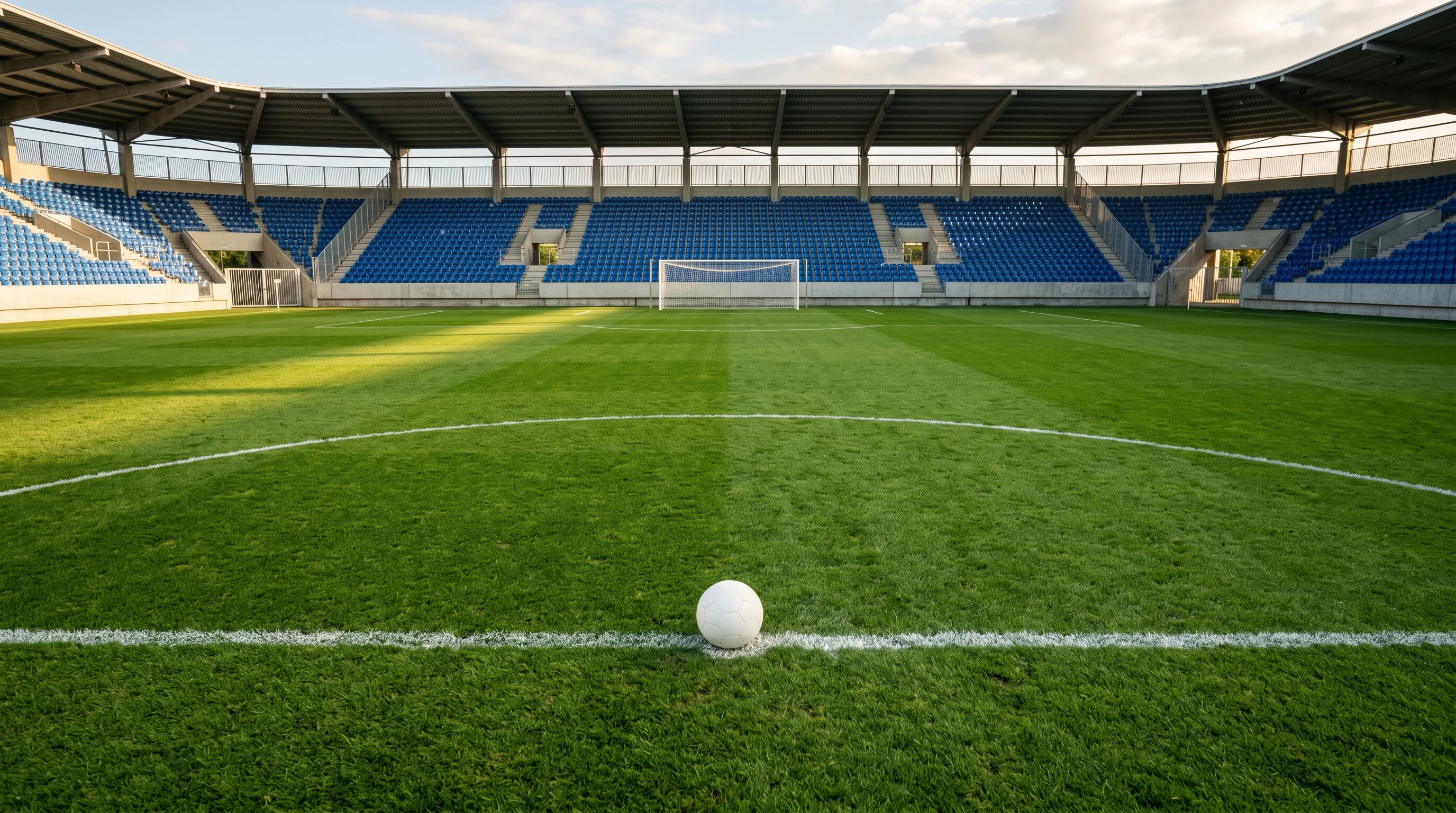 Pełen widok trawiastego stadionu piłkarskiego z bramką, piłką futbolową na linii środkowej i pustymi trybunami
