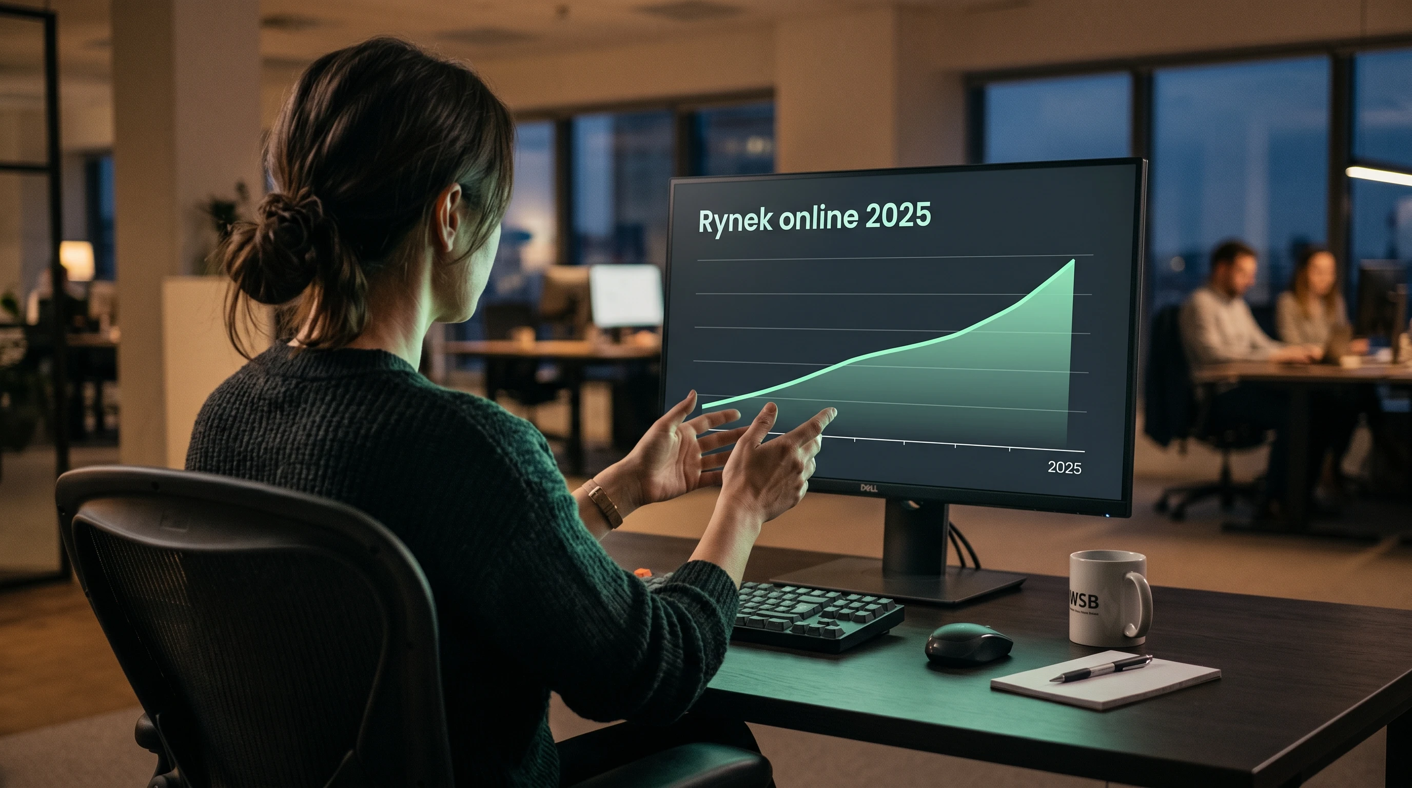 Polski rynek zakładów bukmacherskich online 2025 — analityk przy ekranie z prostą wizualizacją wzrostu